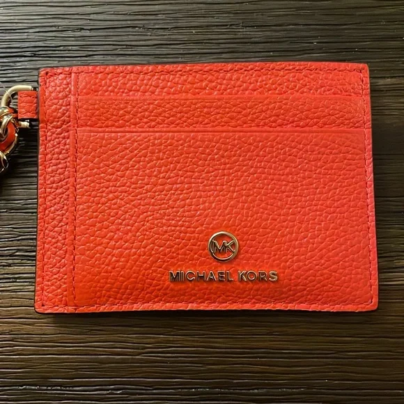Michael Kors Small Pebbled Leather Chain Card Case Optic Orange NWT - Picture 2 of 10